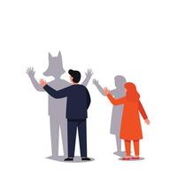 People interacting with shadows featuring animal and human forms in flat art vector