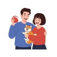 Happy couple playing with a dog in a colorful flat illustration vector
