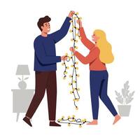 Couple decorating with string lights in minimal flat art illustration vector