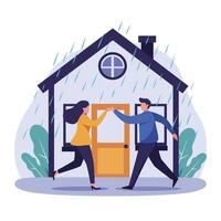 Couple running towards home in rain, flat design art vector