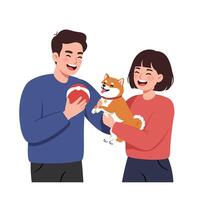 Happy couple playing with dog in colorful flat art illustration vector