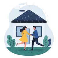 Couple Running in Rain with House in Background Flat Illustration vector