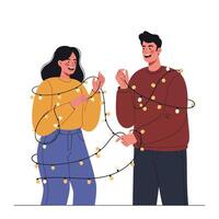 Two friends playfully wrapping string lights in flat art style vector