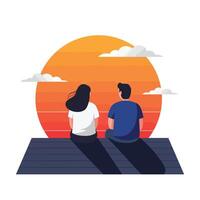 Couple enjoying sunset on dock with flat design style art vector