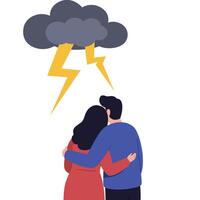 Couple embracing under a stormy cloud with lightning in flat illustration vector