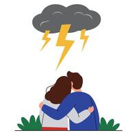 Couple embracing under stormy clouds with lightning in flat illustration vector