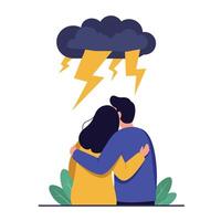 Couple embracing under stormy sky with lightning in flat art vector