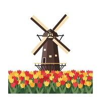 Windmill surrounded by colorful tulips in flat art style vector