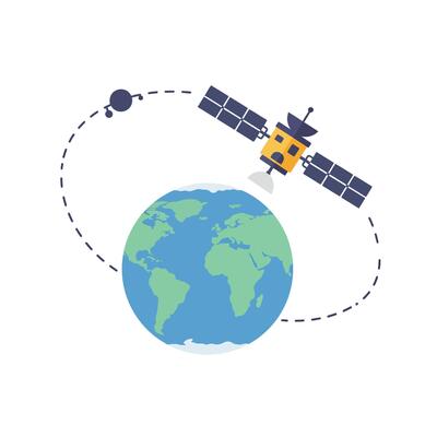 Satellite orbiting Earth in flat design style art.