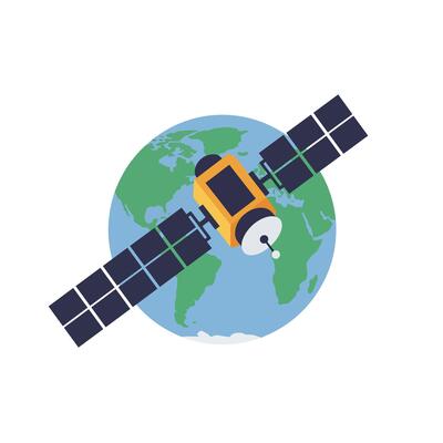 Satellite orbiting Earth in flat illustration style showcasing technology and space exploration art