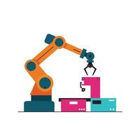 Robotic arm interacting with colorful boxes in minimal flat art vector
