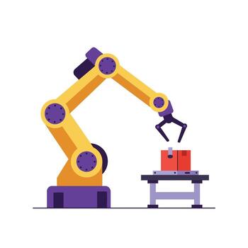 Robotic arm working on a red box in flat art style vector