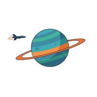 Colorful planet with rings and rocket in flat illustration vector