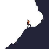 Climber reaching summit with orange gear in flat art vector