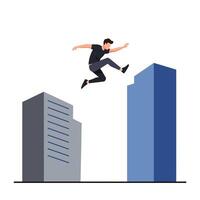 Man leaping between skyscrapers in a dynamic flat illustration vector