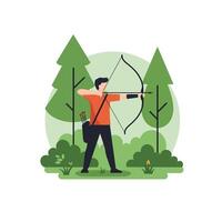Archer aiming in green forest with flat design style illustration vector