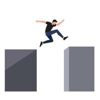 Person jumping across two blocks in minimal flat design art vector