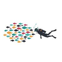 Diver Exploring Colorful Fish School in Minimal Flat Design Art vector