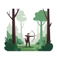 Archer preparing to shoot in a lush forest with minimal design style illustration vector