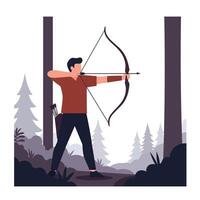 Archer aiming with bow in natural setting flat art vector