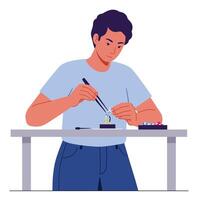 Young man conducting a science experiment in minimal art style illustration vector
