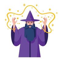 Wizard casting spells with hands raised in flat art style illustration vector