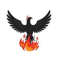 Black phoenix rising from flames in minimal art style with dynamic wings and fiery elements vector