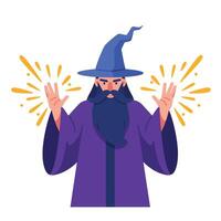 Wizard performing magic with hands raised in flat art illustration vector