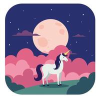 Magical unicorn standing on a hill under a full moon in flat art vector