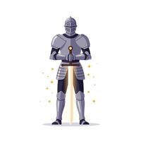 Knight in shining armor with sword glowing in flat art vector