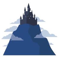 Dark castle perched on a mountain with clouds in a flat illustration vector