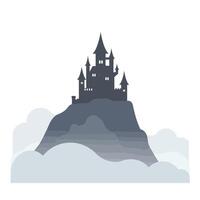 Dark castle silhouette on a mountain with clouds in flat art vector