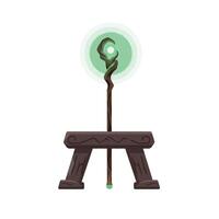 Magical staff with glowing orb displayed on a pedestal in flat art vector