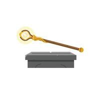 Magical staff resting on a stone pedestal in flat art vector