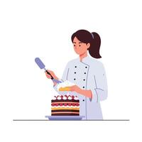 Chef decorating a colorful cake in flat art style for dessert presentation vector
