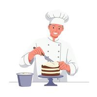 Chef decorating a chocolate cake in minimal style illustration vector