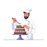 Baker decorating a multi-layered cake in a minimal flat style art vector