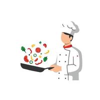 Chef tossing colorful vegetables in a frying pan, flat art vector
