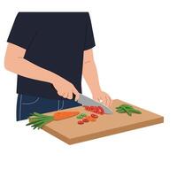 Person preparing fresh vegetables on a wooden cutting board in flat art vector