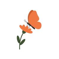Orange butterfly hovering above a vibrant flower in flat art vector