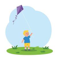 Boy holding a purple kite with a flat design style in art vector