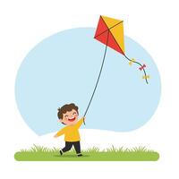 Happy child flying colorful kite in flat design style art vector