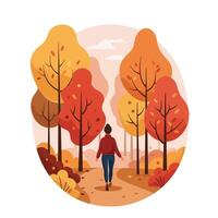 Person walking on a path surrounded by colorful autumn trees flat illustration vector