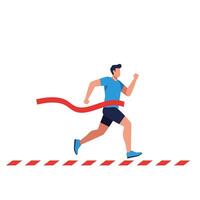 Runner crossing finish line with red ribbon in flat art style vector
