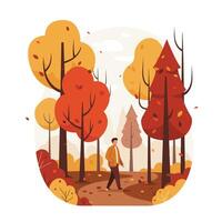 A person walking through colorful autumn forest in flat art vector