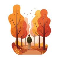 Person walking through colorful autumn trees in flat art vector