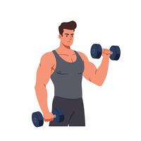 Strong man lifting dumbbells in flat design style art vector