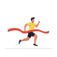 Runner in motion crossing finish line with vibrant red ribbon flat art vector