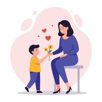 Child presenting flowers to mother in flat style art vector