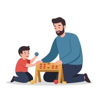 Father and son playing together at a colorful activity table in flat art vector